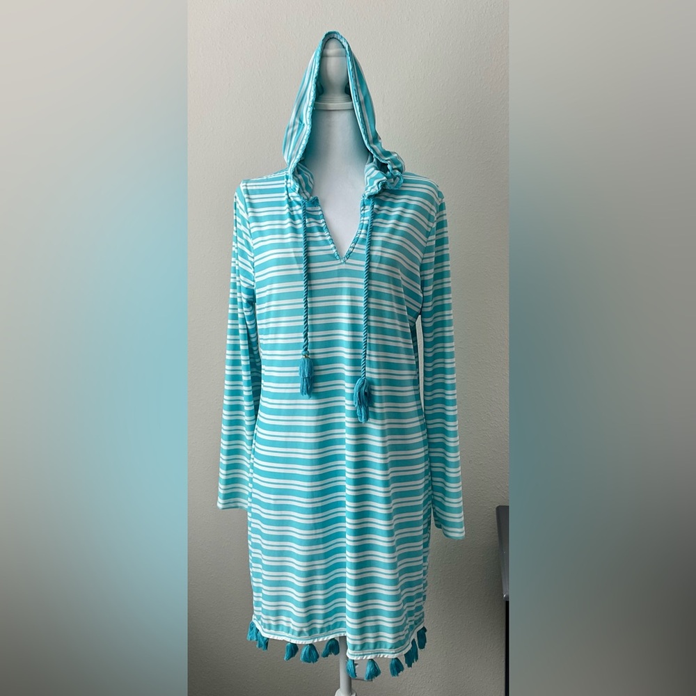 Cabana Life Aqua and White Striped  Swim Coverup - Size Small